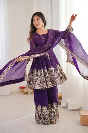 Women's Gorgeous Embroidery Fendy Silk Fabric Flared Kurta Palazzo and Dupatta Set