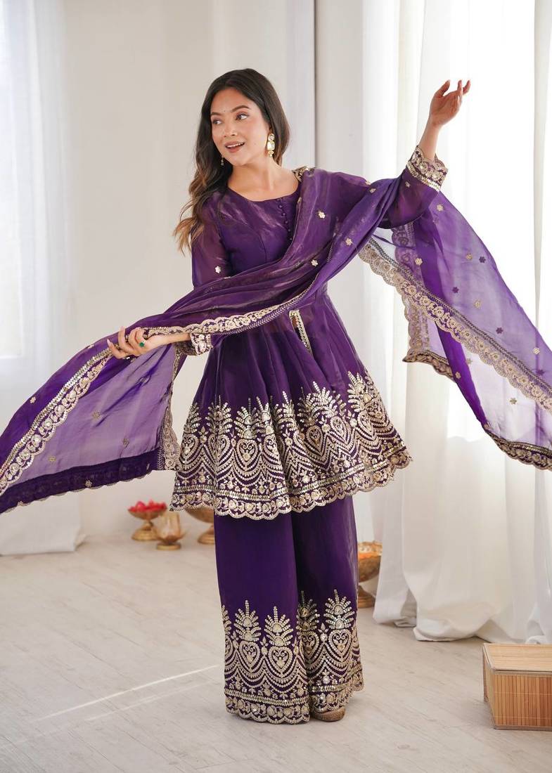 Women's Gorgeous Embroidery Fendy Silk Fabric Flared Kurta Palazzo and Dupatta Set