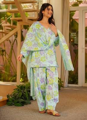 Floral printed pure cotton v neck kurta trouser & dupatta set 1