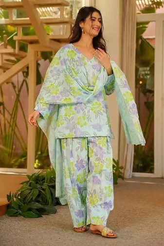 Floral printed pure cotton v neck kurta trouser & dupatta set