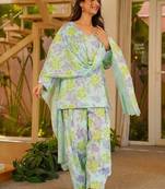 Floral printed pure cotton v neck kurta trouser & dupatta set