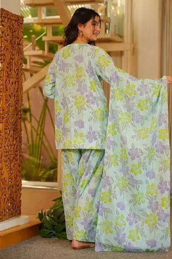 Floral printed pure cotton v neck kurta trouser & dupatta set