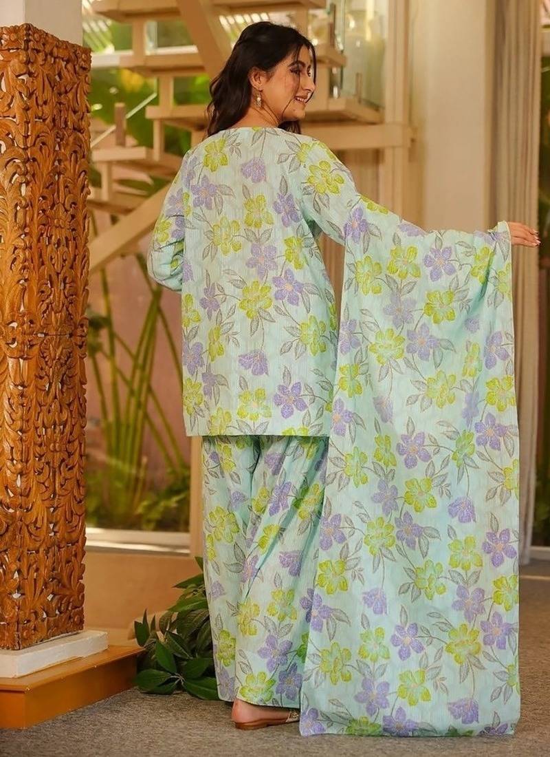 Floral printed pure cotton v neck kurta trouser & dupatta set