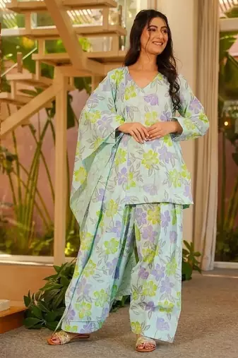 Floral printed pure cotton v neck kurta trouser & dupatta set