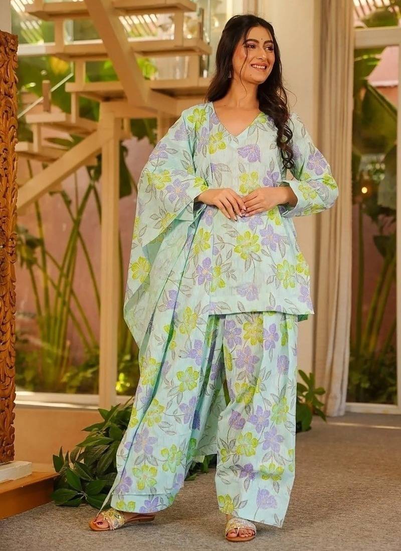 Floral printed pure cotton v neck kurta trouser & dupatta set