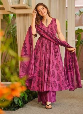 Floral printed muslin v neck magenta anarkali set 1