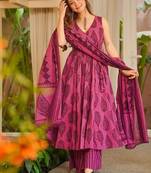 Floral printed muslin v neck magenta anarkali set