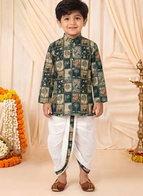 Boys teal mughal art print kurta & dhoti set 1