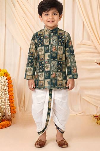 Boys teal mughal art print kurta & dhoti set