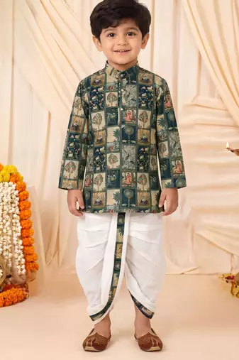 Boys teal mughal art print kurta & dhoti set