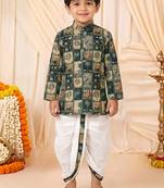 Boys teal mughal art print kurta & dhoti set