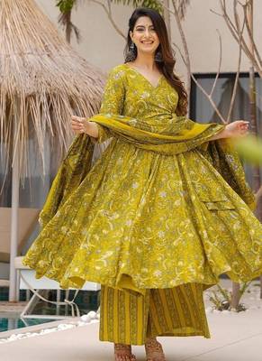 Floral printed muslin v neck lime-green anarkali set 1