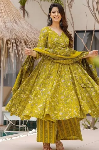 Floral printed muslin v neck lime-green anarkali set