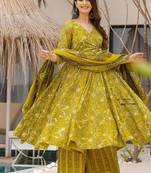 Floral printed muslin v neck lime-green anarkali set