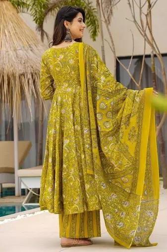 Floral printed muslin v neck lime-green anarkali set