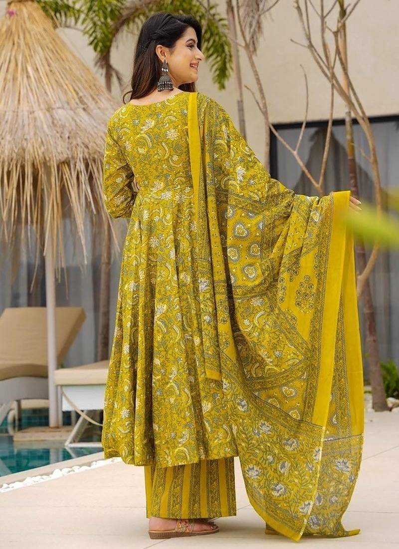 Floral printed muslin v neck lime-green anarkali set