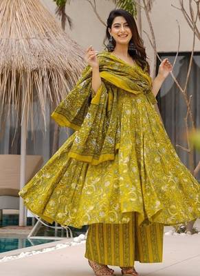 Floral printed muslin v neck lime-green anarkali set 3