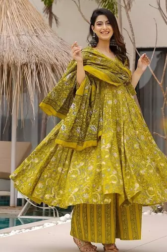 Floral printed muslin v neck lime-green anarkali set