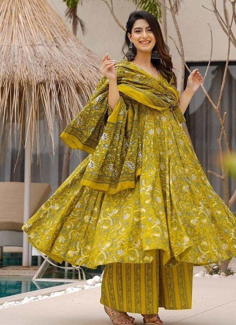 Floral printed muslin v neck lime-green anarkali set