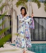 Floral printed muslin v neck dark-white anarkali set