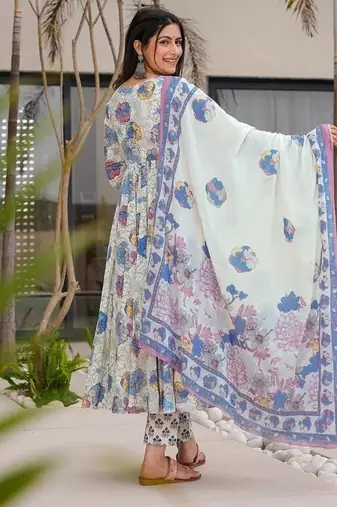 Floral printed muslin v neck dark-white anarkali set