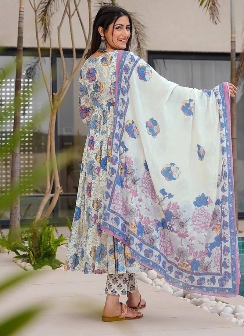 Floral printed muslin v neck dark-white anarkali set