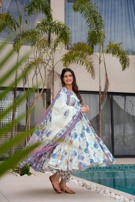 Floral printed muslin v neck dark-white anarkali set 3
