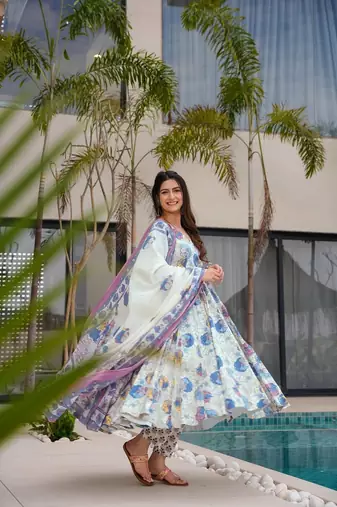 Floral printed muslin v neck dark-white anarkali set
