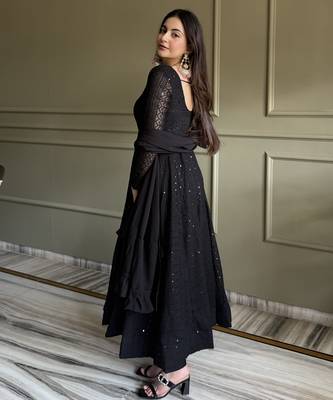 Women's Gorgeous Embroidery Work Fox Georgette Fabric Flared Anarkali Pant and Dupatta Set 4