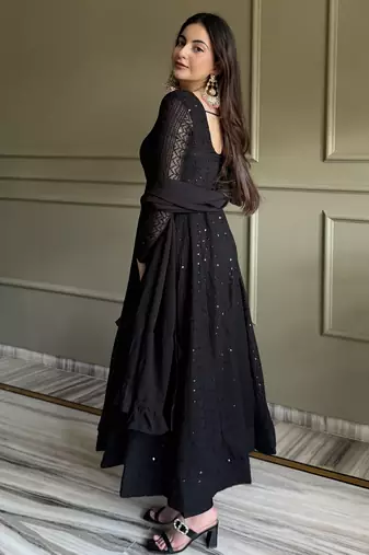 Women's Gorgeous Embroidery Work Fox Georgette Fabric Flared Anarkali Pant and Dupatta Set
