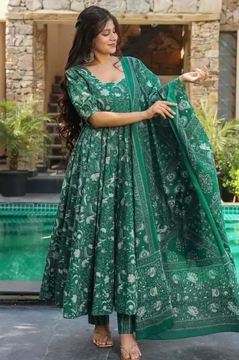 Floral printed muslin v neck dark-green anarkali set