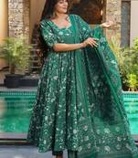 Floral printed muslin v neck dark-green anarkali set