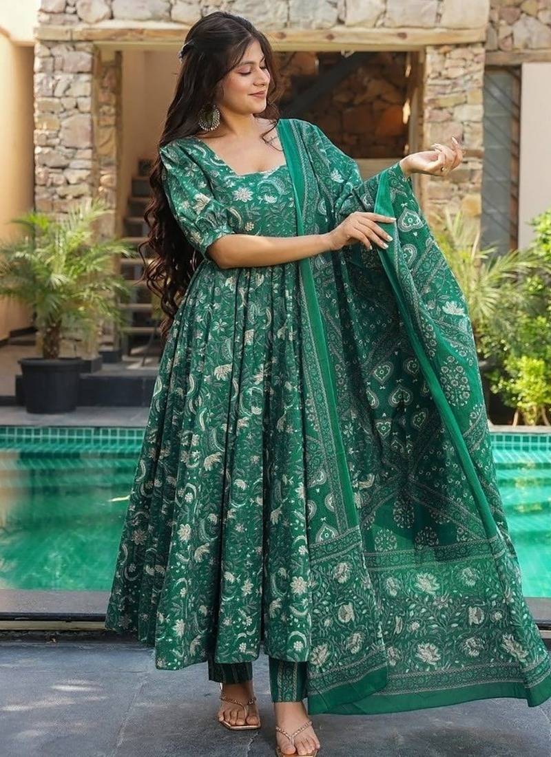 Floral printed muslin v neck dark-green anarkali set