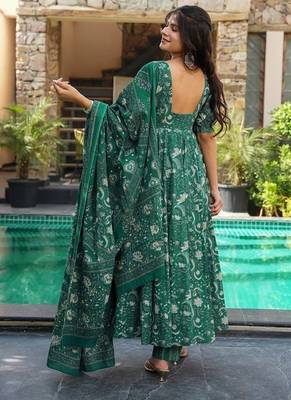 Floral printed muslin v neck dark-green anarkali set 2
