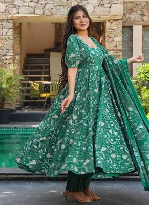 Floral printed muslin v neck dark-green anarkali set 3