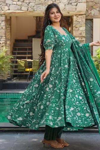 Floral printed muslin v neck dark-green anarkali set