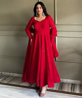 Women's Gorgeous Embroidery Fox Georgette Fabric Flared Anarkali Pant and Dupatta Set 1
