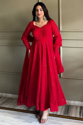 Women's Gorgeous Embroidery Fox Georgette Fabric Flared Anarkali Pant and Dupatta Set