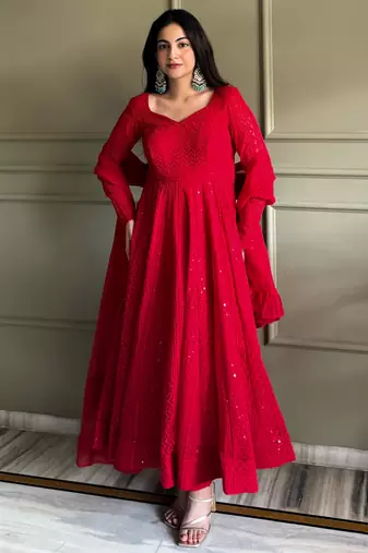 Women's Gorgeous Embroidery Fox Georgette Fabric Flared Anarkali Pant and Dupatta Set