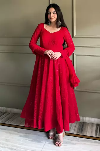 Women's Gorgeous Embroidery Fox Georgette Fabric Flared Anarkali Pant and Dupatta Set