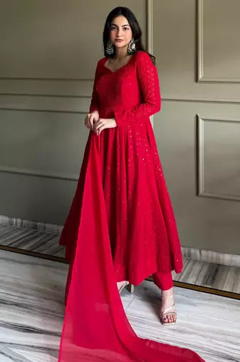 Women's Gorgeous Embroidery Fox Georgette Fabric Flared Anarkali Pant and Dupatta Set
