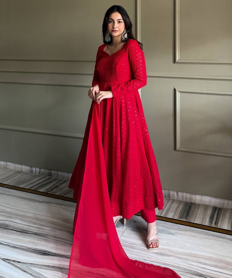 Women's Gorgeous Embroidery Fox Georgette Fabric Flared Anarkali Pant and Dupatta Set