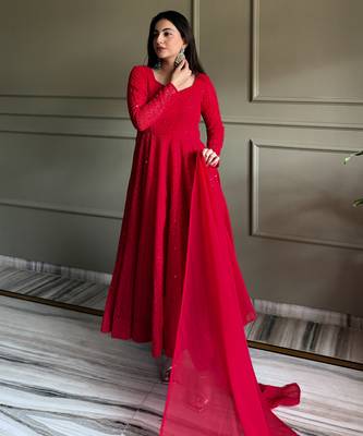 Women's Gorgeous Embroidery Fox Georgette Fabric Flared Anarkali Pant and Dupatta Set 4