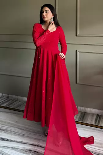 Women's Gorgeous Embroidery Fox Georgette Fabric Flared Anarkali Pant and Dupatta Set