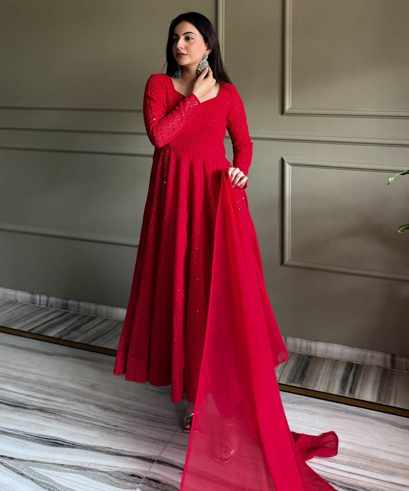 Women's Gorgeous Embroidery Fox Georgette Fabric Flared Anarkali Pant and Dupatta Set