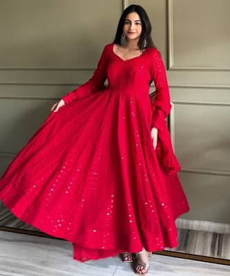 Women's Gorgeous Embroidery Fox Georgette Fabric Flared Anarkali Pant and Dupatta Set 5