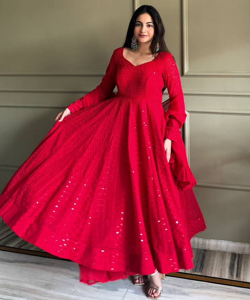 Women's Gorgeous Embroidery Fox Georgette Fabric Flared Anarkali Pant and Dupatta Set
