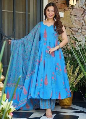 Floral printed muslin v neck sky-blue anarkali set 1
