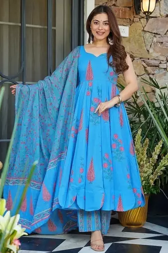 Floral printed muslin v neck sky-blue anarkali set