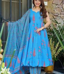 Floral printed muslin v neck sky-blue anarkali set